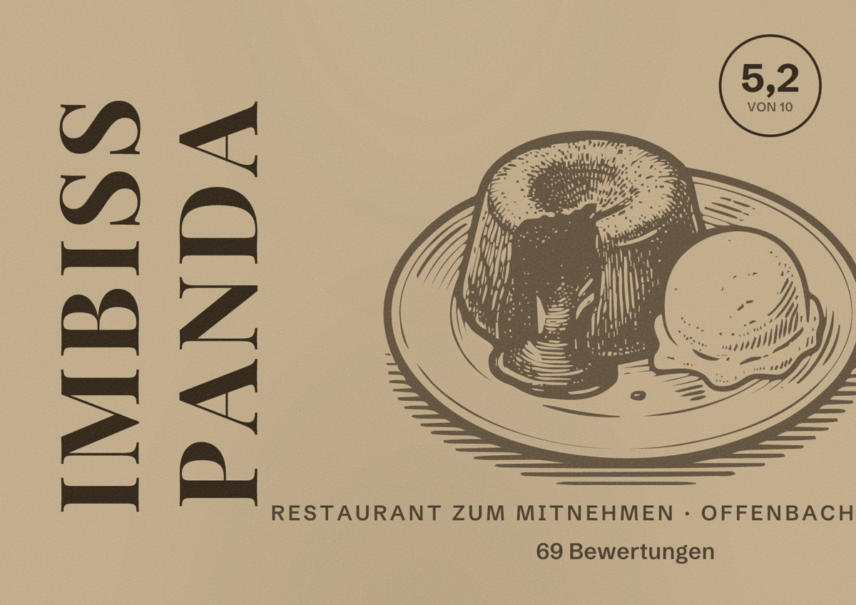 Illustriertes Poster von Imbiss Panda, Restaurant zum Mitnehmen in Offenbach am Main: Bewertung 5,2 von 10 aus 69 Bewertungen