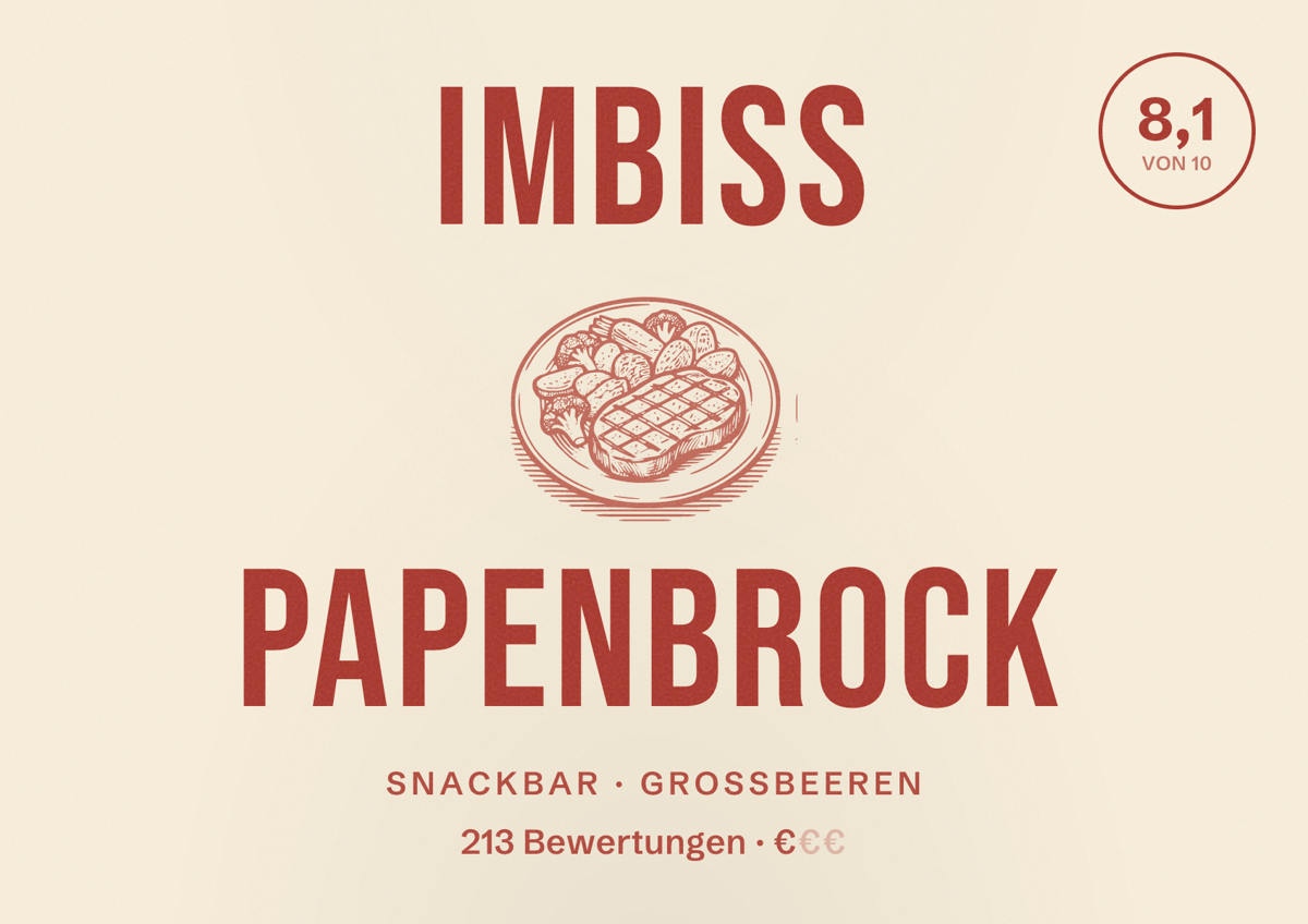 Illustriertes Poster von Imbiss Papenbrock, Snackbar in Großbeeren: Bewertung 8,1 von 10 aus 213 Bewertungen, Preisniveau €
