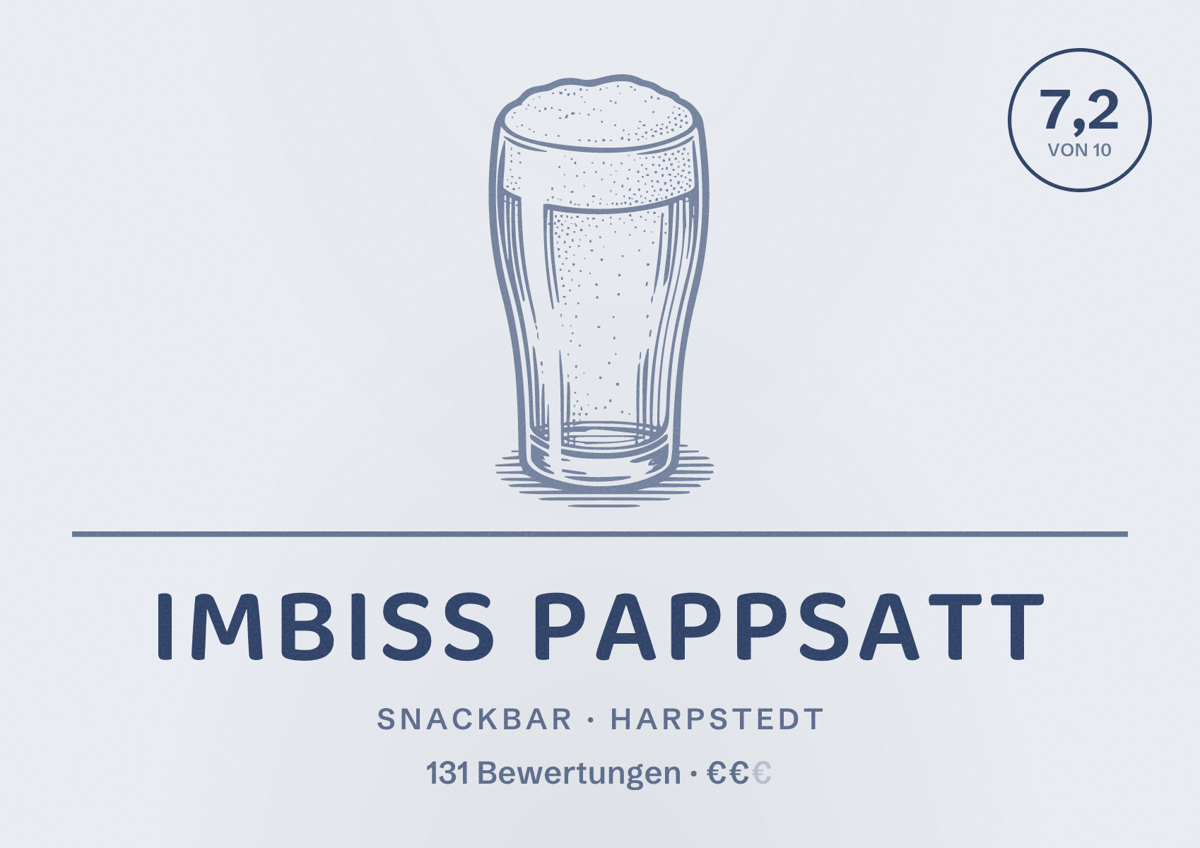 Illustriertes Poster von Imbiss Pappsatt, Snackbar in Harpstedt: Bewertung 7,2 von 10 aus 131 Bewertungen, Preisniveau €€
