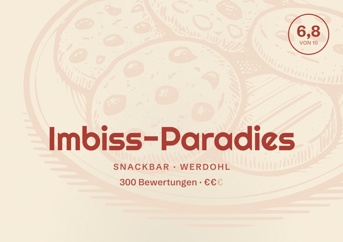 Illustriertes Poster von Imbiss-Paradies, Snackbar in Werdohl: Bewertung 6,8 von 10 aus 300 Bewertungen, Preisniveau €€