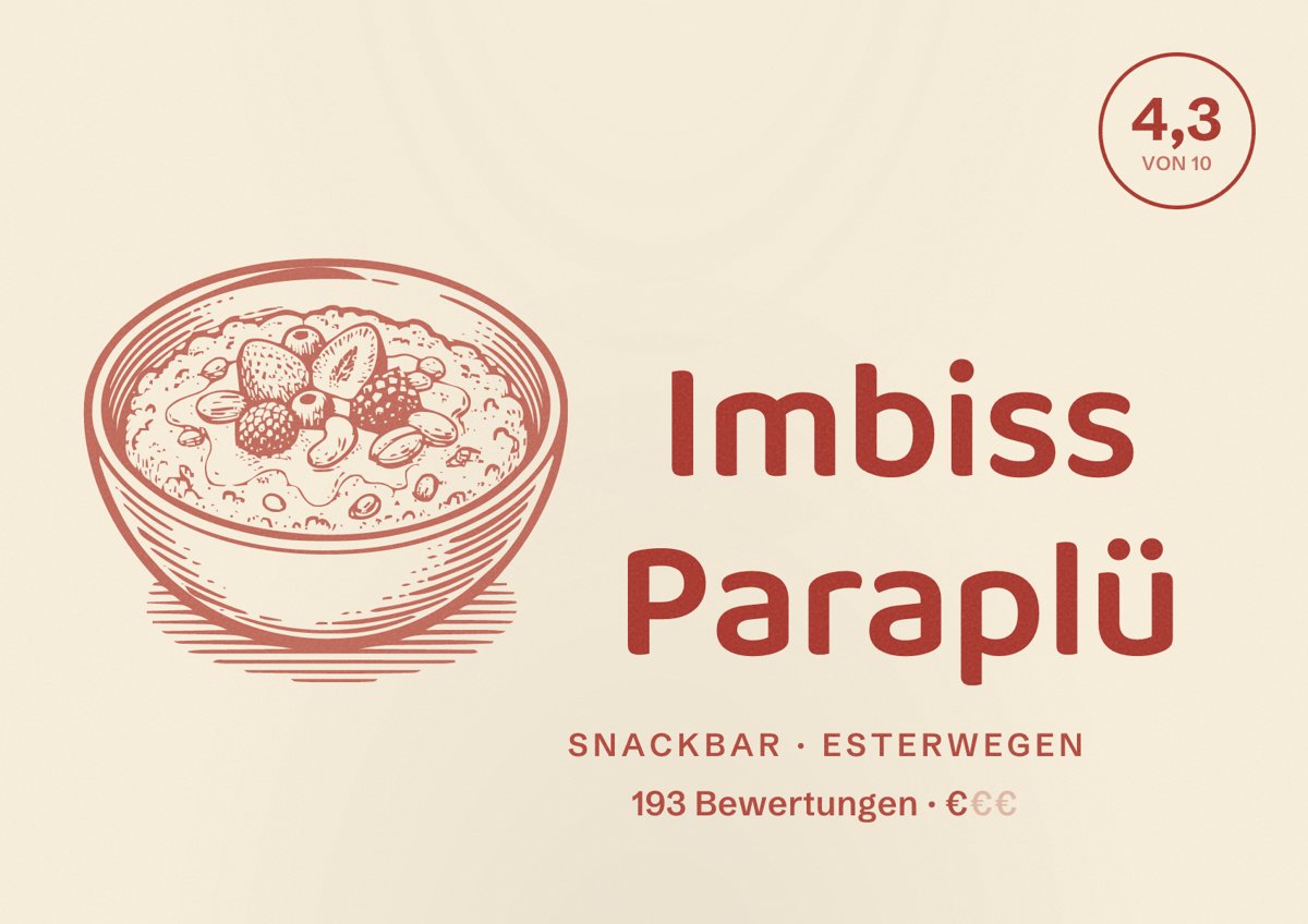 Illustriertes Poster von Imbiss Paraplü, Snackbar in Esterwegen: Bewertung 4,3 von 10 aus 193 Bewertungen, Preisniveau €