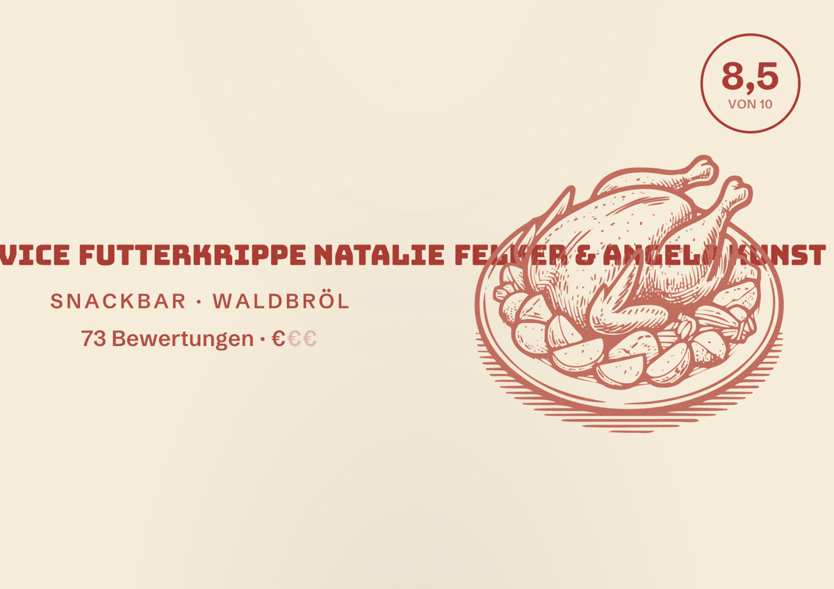 Illustriertes Poster von Imbiss & Partyservice Futterkrippe Natalie Felker & Angela Kunst, Snackbar in Waldbröl: Bewertung 8,5 von 10 aus 73 Bewertungen, Preisniveau €