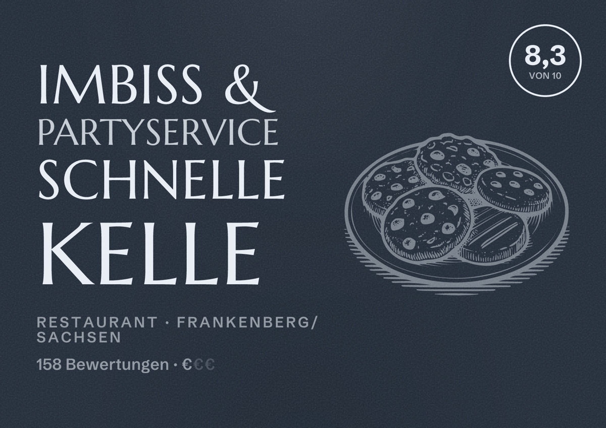 Illustriertes Poster von Imbiss & Partyservice Schnelle Kelle, Restaurant in Frankenberg/Sachsen: Bewertung 8,3 von 10 aus 158 Bewertungen, Preisniveau €