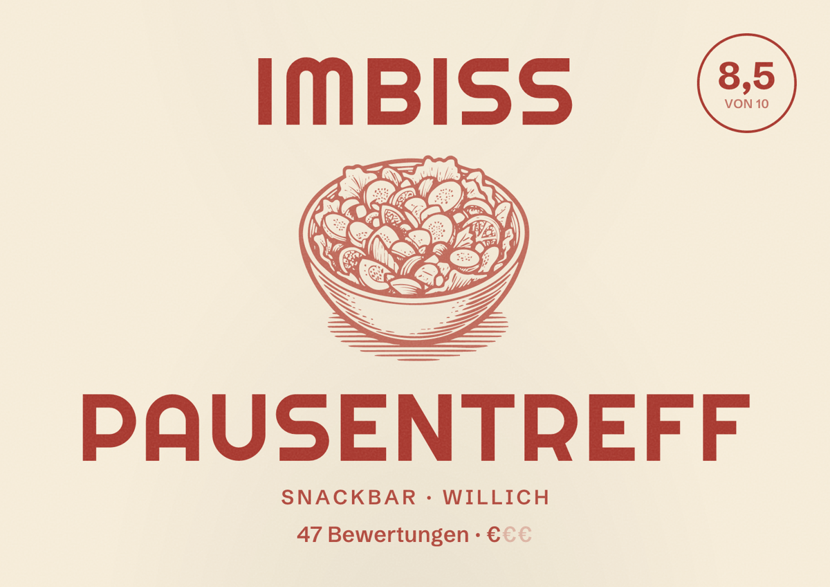 Illustriertes Poster von Imbiss Pausentreff, Snackbar in Willich: Bewertung 8,5 von 10 aus 47 Bewertungen, Preisniveau €