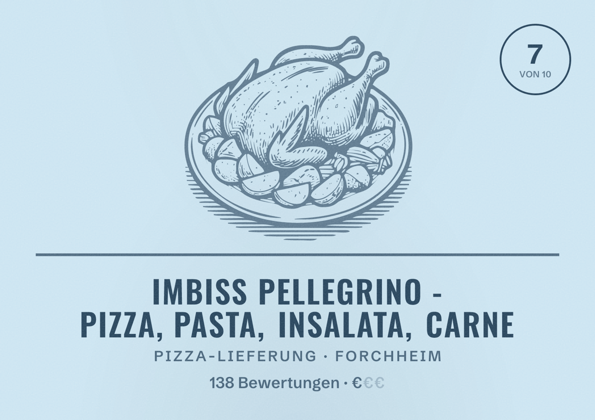 Illustriertes Poster von Imbiss Pellegrino - Pizza, Pasta, Insalata, Carne, Pizza-Lieferung in Forchheim: Bewertung 7 von 10 aus 138 Bewertungen, Preisniveau €