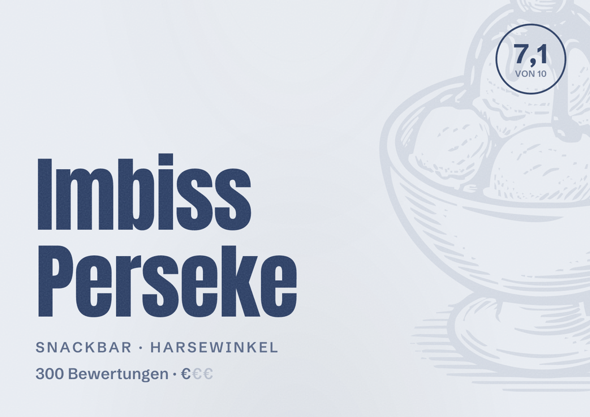 Illustriertes Poster von Imbiss Perseke, Snackbar in Harsewinkel: Bewertung 7,1 von 10 aus 300 Bewertungen, Preisniveau €