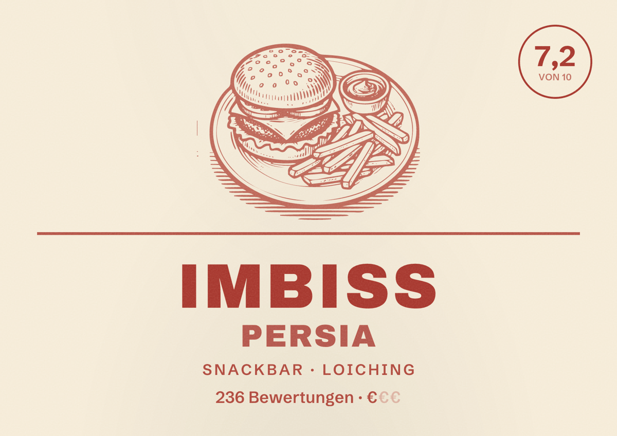 Illustriertes Poster von Imbiss Persia, Snackbar in Loiching: Bewertung 7,2 von 10 aus 236 Bewertungen, Preisniveau €