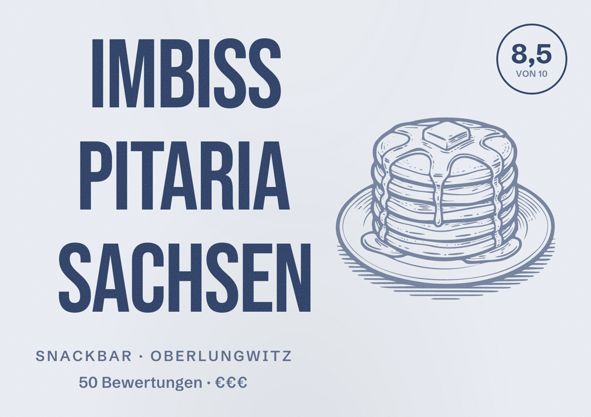 Illustriertes Poster von Imbiss Pitaria Sachsen, Snackbar in Oberlungwitz: Bewertung 8,5 von 10 aus 50 Bewertungen, Preisniveau €€€
