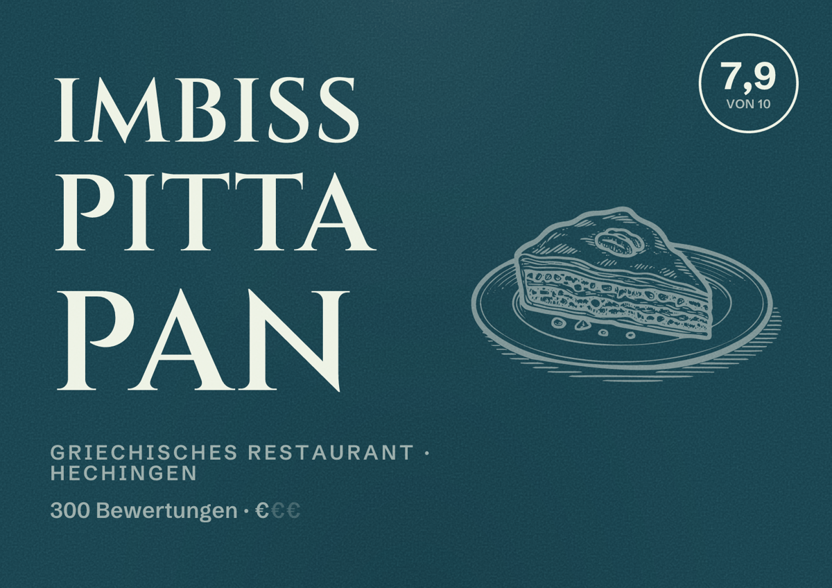 Illustriertes Poster von Imbiss Pitta Pan, Griechisches Restaurant in Hechingen: Bewertung 7,9 von 10 aus 300 Bewertungen, Preisniveau €