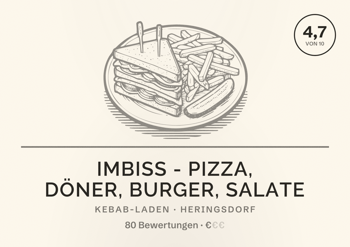 Illustriertes Poster von Imbiss - Pizza, Döner, Burger, Salate, Kebab-Laden in Heringsdorf: Bewertung 4,7 von 10 aus 80 Bewertungen, Preisniveau €