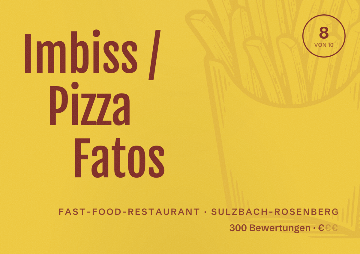 Illustriertes Poster von Imbiss / Pizza Fatos, Fast-Food-Restaurant in Sulzbach-Rosenberg: Bewertung 8 von 10 aus 300 Bewertungen, Preisniveau €