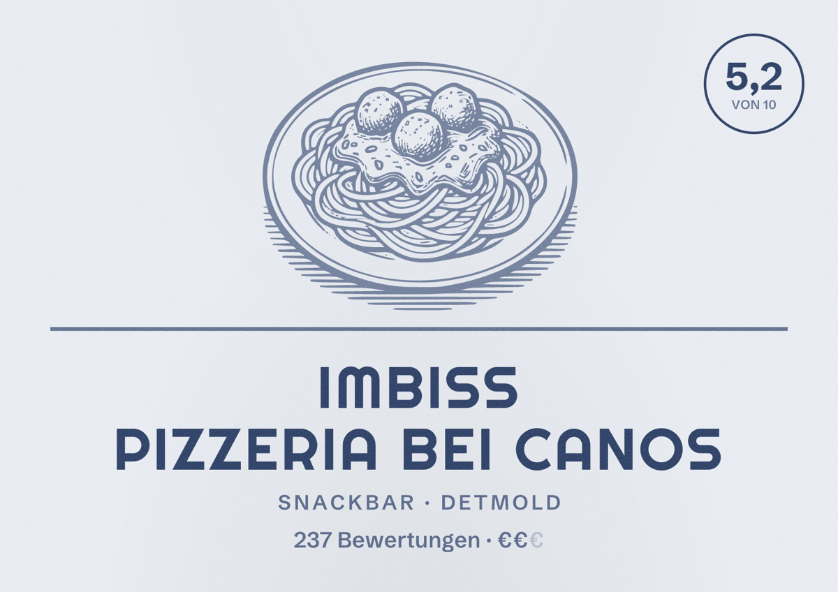 Illustriertes Poster von Imbiss Pizzeria Bei Canos, Snackbar in Detmold: Bewertung 5,2 von 10 aus 237 Bewertungen, Preisniveau €€