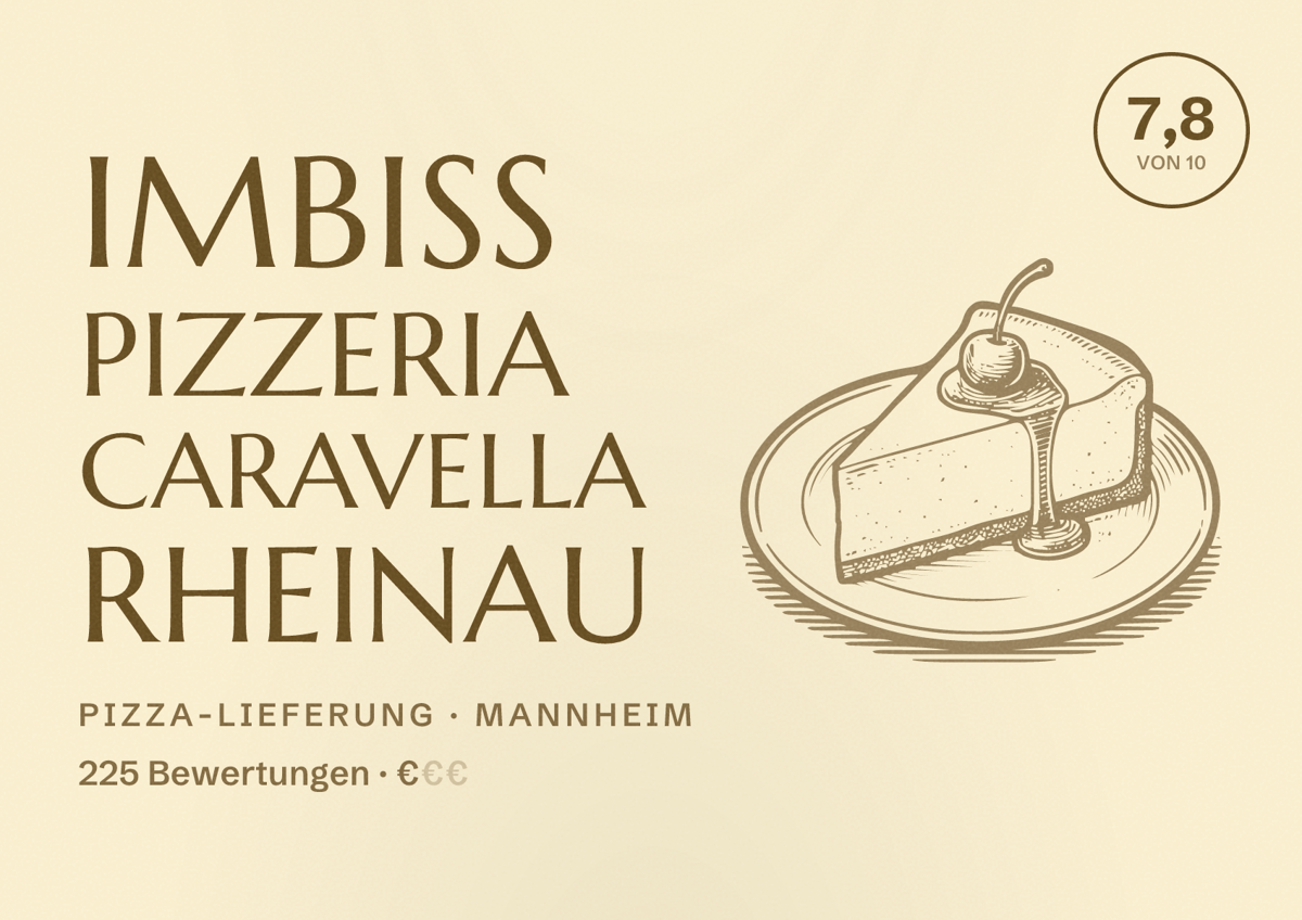 Illustriertes Poster von Imbiss Pizzeria Caravella RHEINAU, Pizza-Lieferung in Mannheim: Bewertung 7,8 von 10 aus 225 Bewertungen, Preisniveau €
