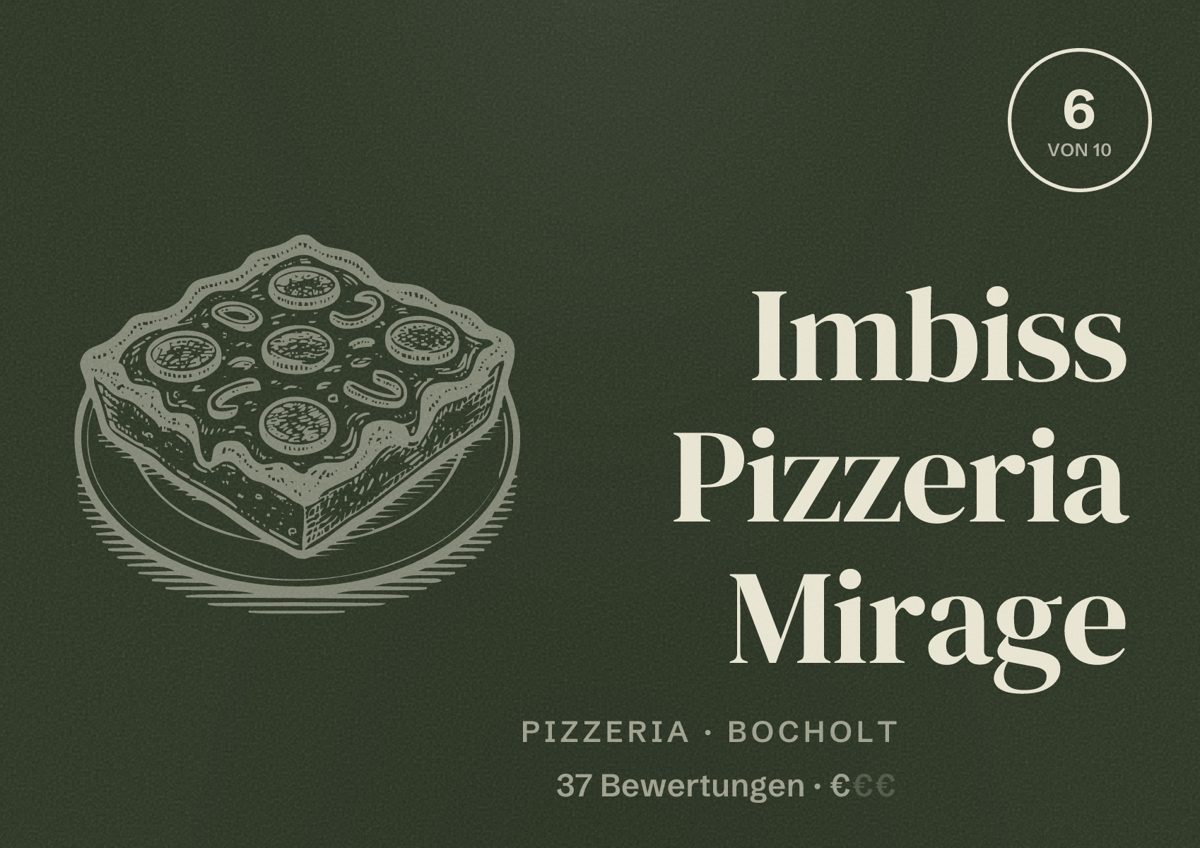 Illustriertes Poster von Imbiss Pizzeria Mirage, Pizzeria in Bocholt: Bewertung 6 von 10 aus 37 Bewertungen, Preisniveau €