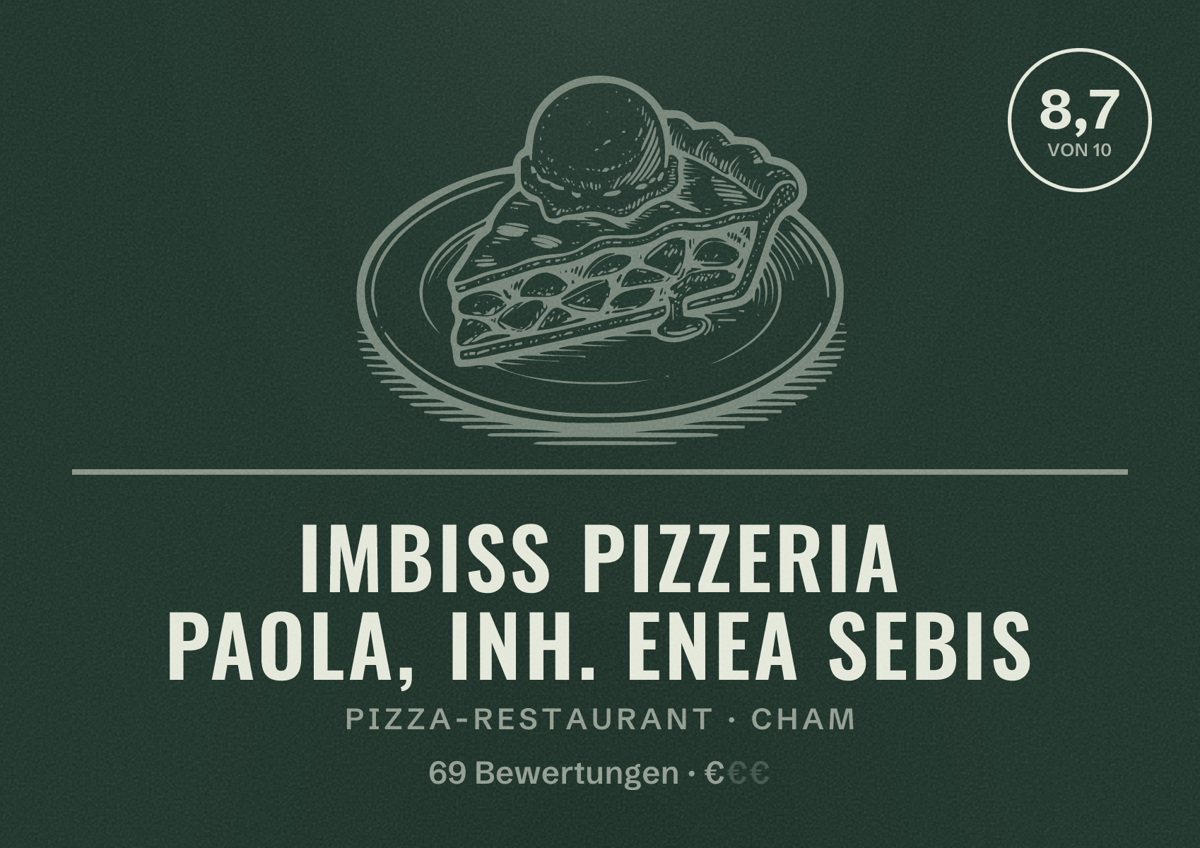 Illustriertes Poster von Imbiss Pizzeria Paola, inh. Enea Sebis, Pizza-Restaurant in Cham: Bewertung 8,7 von 10 aus 69 Bewertungen, Preisniveau €