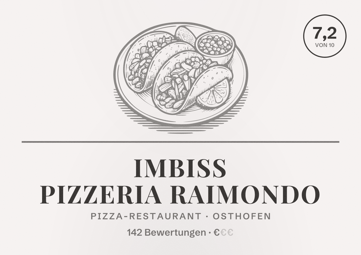 Illustriertes Poster von Imbiss Pizzeria Raimondo, Pizza-Restaurant in Osthofen: Bewertung 7,2 von 10 aus 142 Bewertungen, Preisniveau €