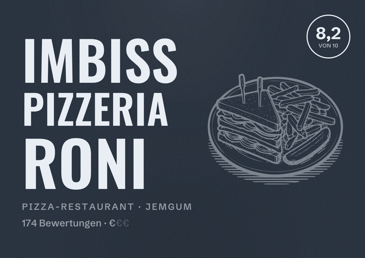 Illustriertes Poster von Imbiss Pizzeria RONI, Pizza-Restaurant in Jemgum: Bewertung 8,2 von 10 aus 174 Bewertungen, Preisniveau €