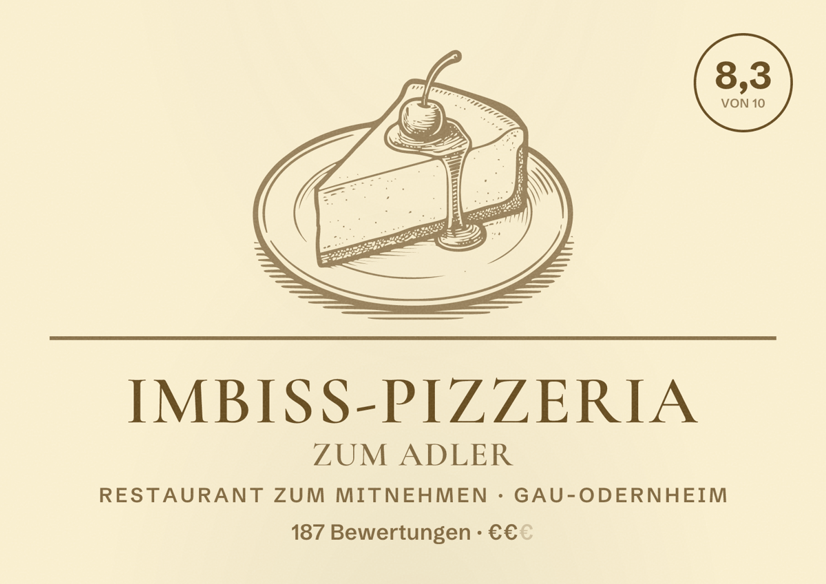 Illustriertes Poster von Imbiss-Pizzeria Zum Adler, Restaurant zum Mitnehmen in Gau-Odernheim: Bewertung 8,3 von 10 aus 187 Bewertungen, Preisniveau €€