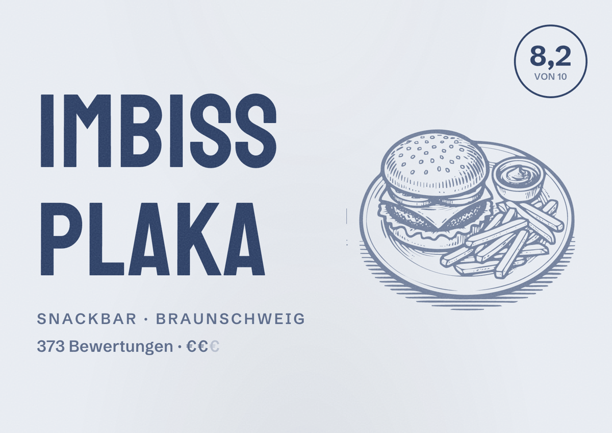 Illustriertes Poster von Imbiss Plaka, Snackbar in Braunschweig: Bewertung 8,2 von 10 aus 373 Bewertungen, Preisniveau €€
