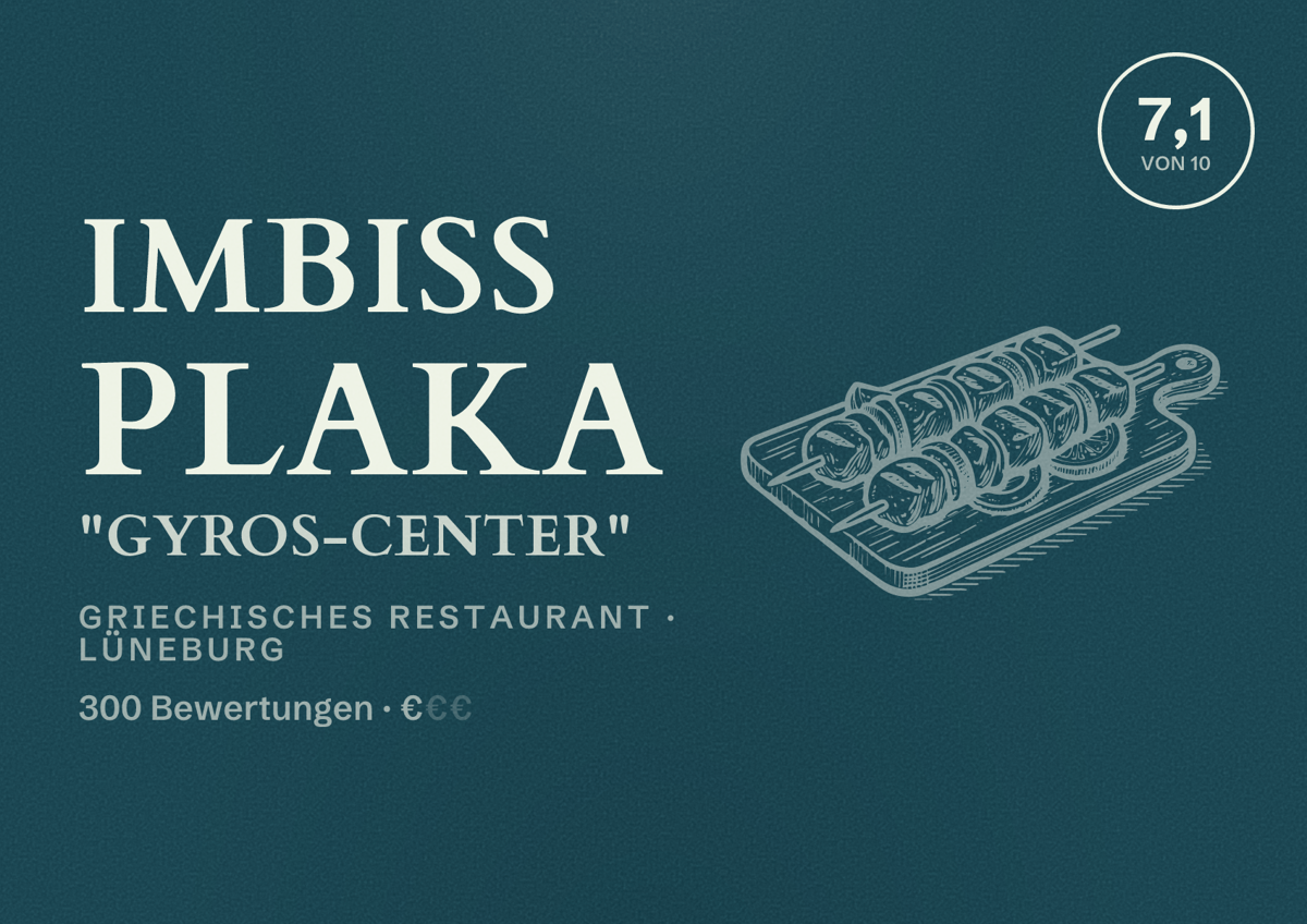 Illustriertes Poster von Imbiss Plaka "GYROS-CENTER", Griechisches Restaurant in Lüneburg: Bewertung 7,1 von 10 aus 300 Bewertungen, Preisniveau €