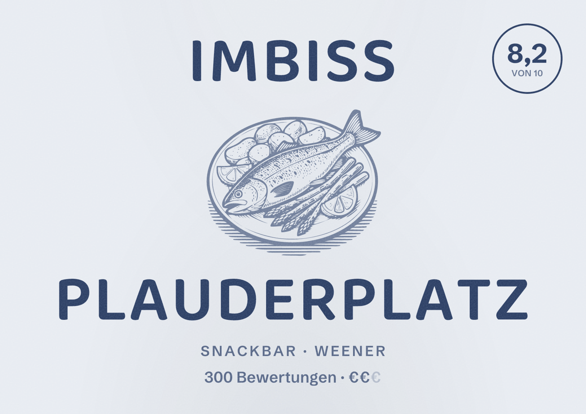 Illustriertes Poster von Imbiss Plauderplatz, Snackbar in Weener: Bewertung 8,2 von 10 aus 300 Bewertungen, Preisniveau €€