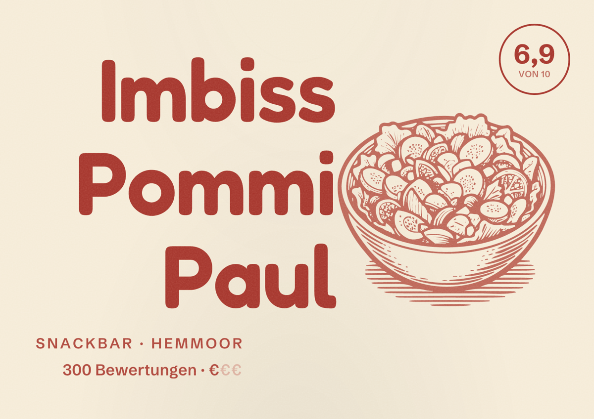 Illustriertes Poster von Imbiss Pommi Paul, Snackbar in Hemmoor: Bewertung 6,9 von 10 aus 300 Bewertungen, Preisniveau €