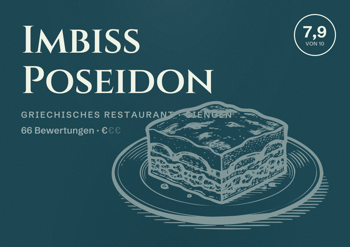 Illustriertes Poster von Imbiss Poseidon, Griechisches Restaurant in Giengen: Bewertung 7,9 von 10 aus 66 Bewertungen, Preisniveau €