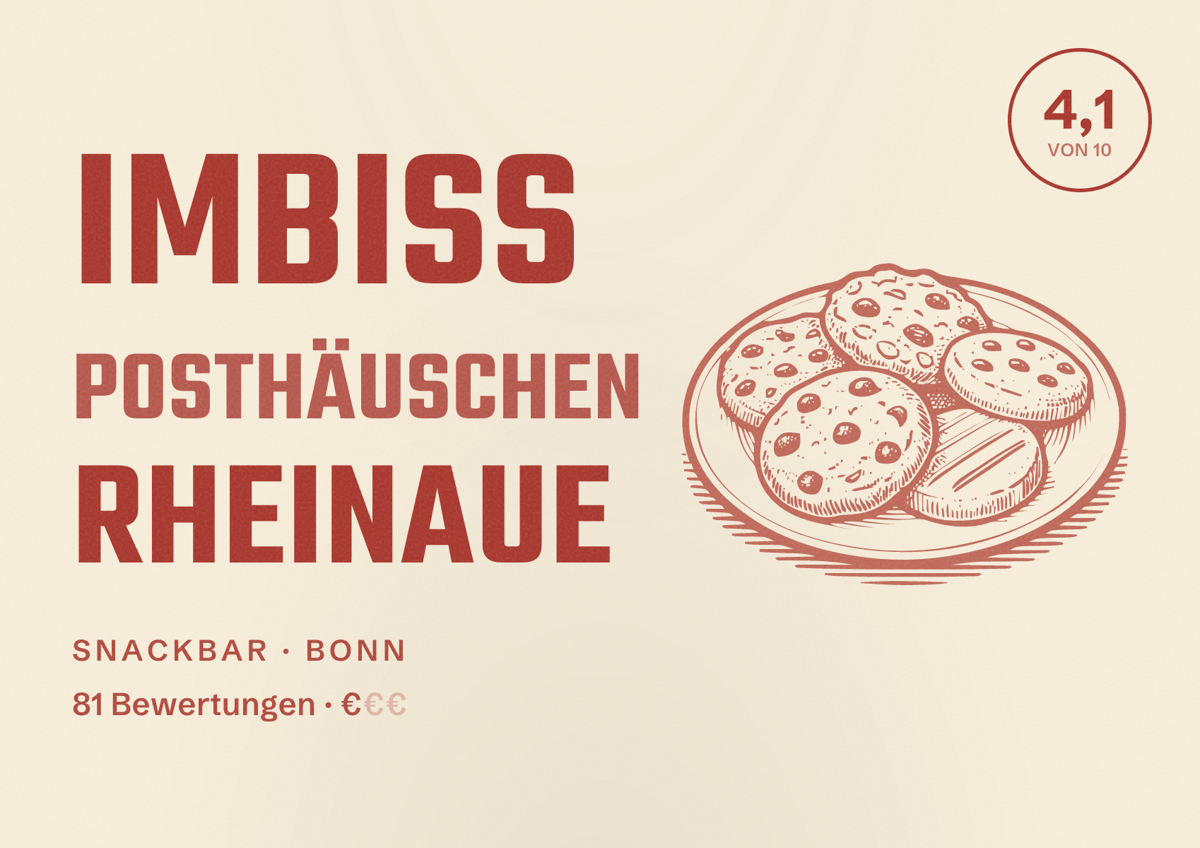 Illustriertes Poster von Imbiss Posthäuschen Rheinaue, Snackbar in Bonn: Bewertung 4,1 von 10 aus 81 Bewertungen, Preisniveau €