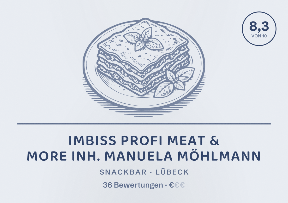 Illustriertes Poster von Imbiss Profi Meat & More Inh. Manuela Möhlmann, Snackbar in Lübeck: Bewertung 8,3 von 10 aus 36 Bewertungen, Preisniveau €