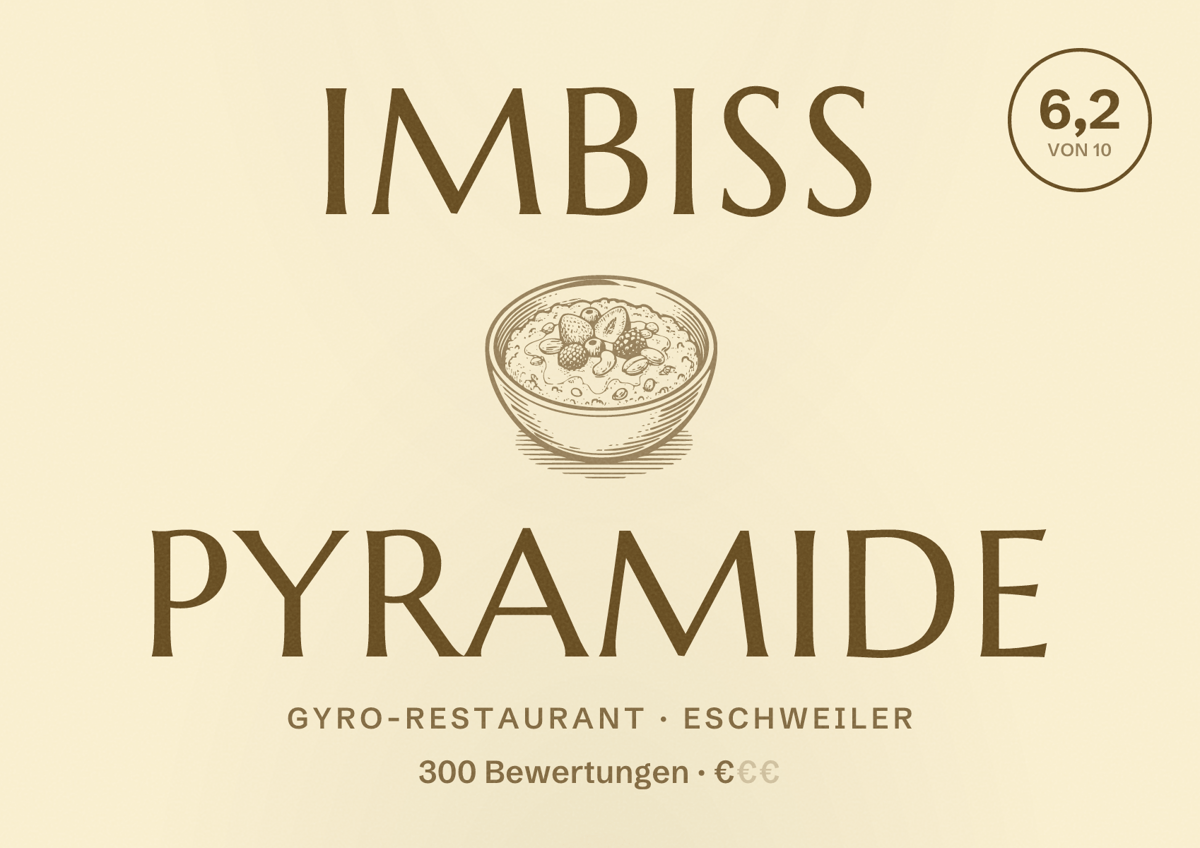 Illustriertes Poster von Imbiss Pyramide, Gyro-Restaurant in Eschweiler: Bewertung 6,2 von 10 aus 300 Bewertungen, Preisniveau €