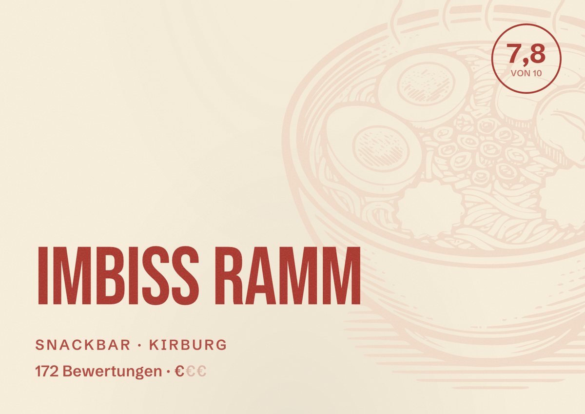 Illustriertes Poster von Imbiss Ramm, Snackbar in Kirburg: Bewertung 7,8 von 10 aus 172 Bewertungen, Preisniveau €