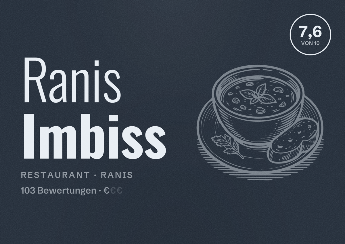 Illustriertes Poster von Ranis Imbiss, Restaurant in Ranis: Bewertung 7,6 von 10 aus 103 Bewertungen, Preisniveau €
