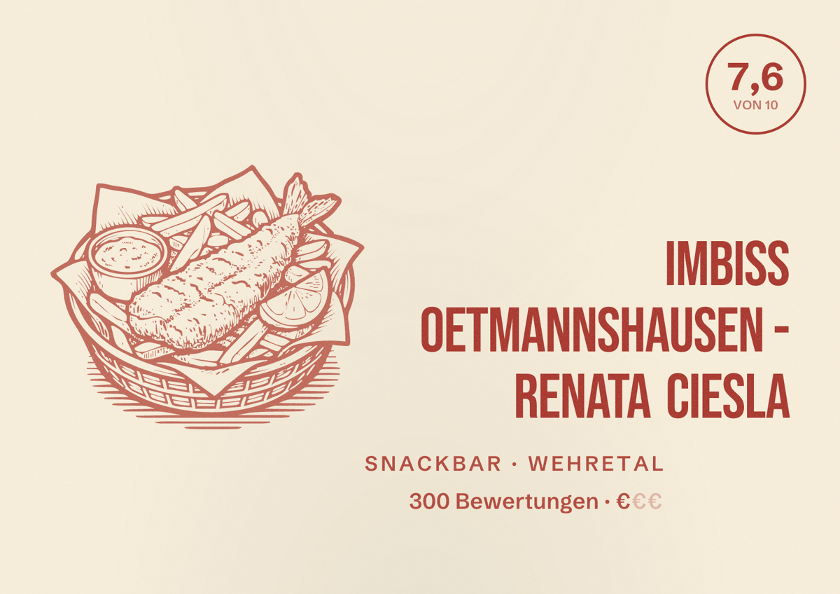 Illustriertes Poster von Imbiss Oetmannshausen - Renata Ciesla, Snackbar in Wehretal: Bewertung 7,6 von 10 aus 300 Bewertungen, Preisniveau €