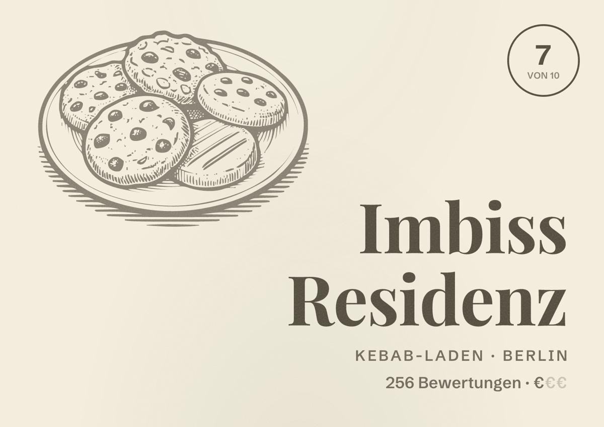 Illustriertes Poster von Imbiss Residenz, Kebab-Laden in Berlin: Bewertung 7 von 10 aus 256 Bewertungen, Preisniveau €