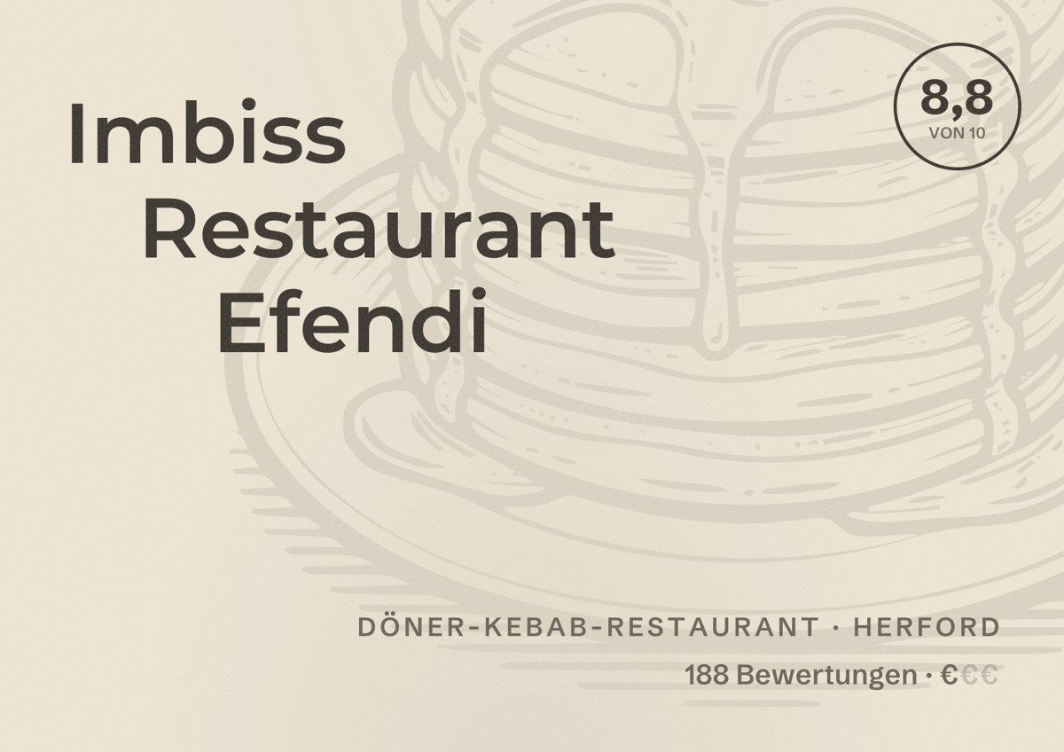 Illustriertes Poster von Imbiss Restaurant Efendi, Döner-Kebab-Restaurant in Herford: Bewertung 8,8 von 10 aus 188 Bewertungen, Preisniveau €