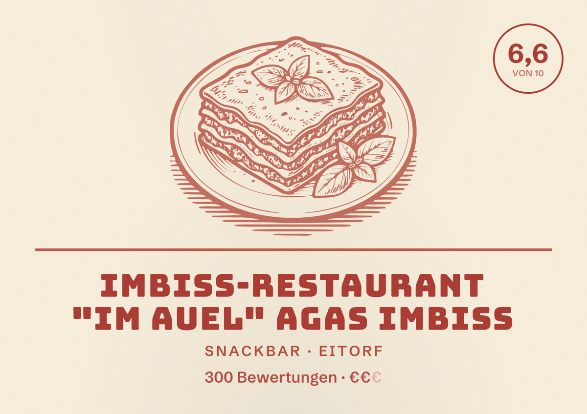 Illustriertes Poster von Imbiss-Restaurant "Im Auel" Agas Imbiss, Snackbar in Eitorf: Bewertung 6,6 von 10 aus 300 Bewertungen, Preisniveau €€