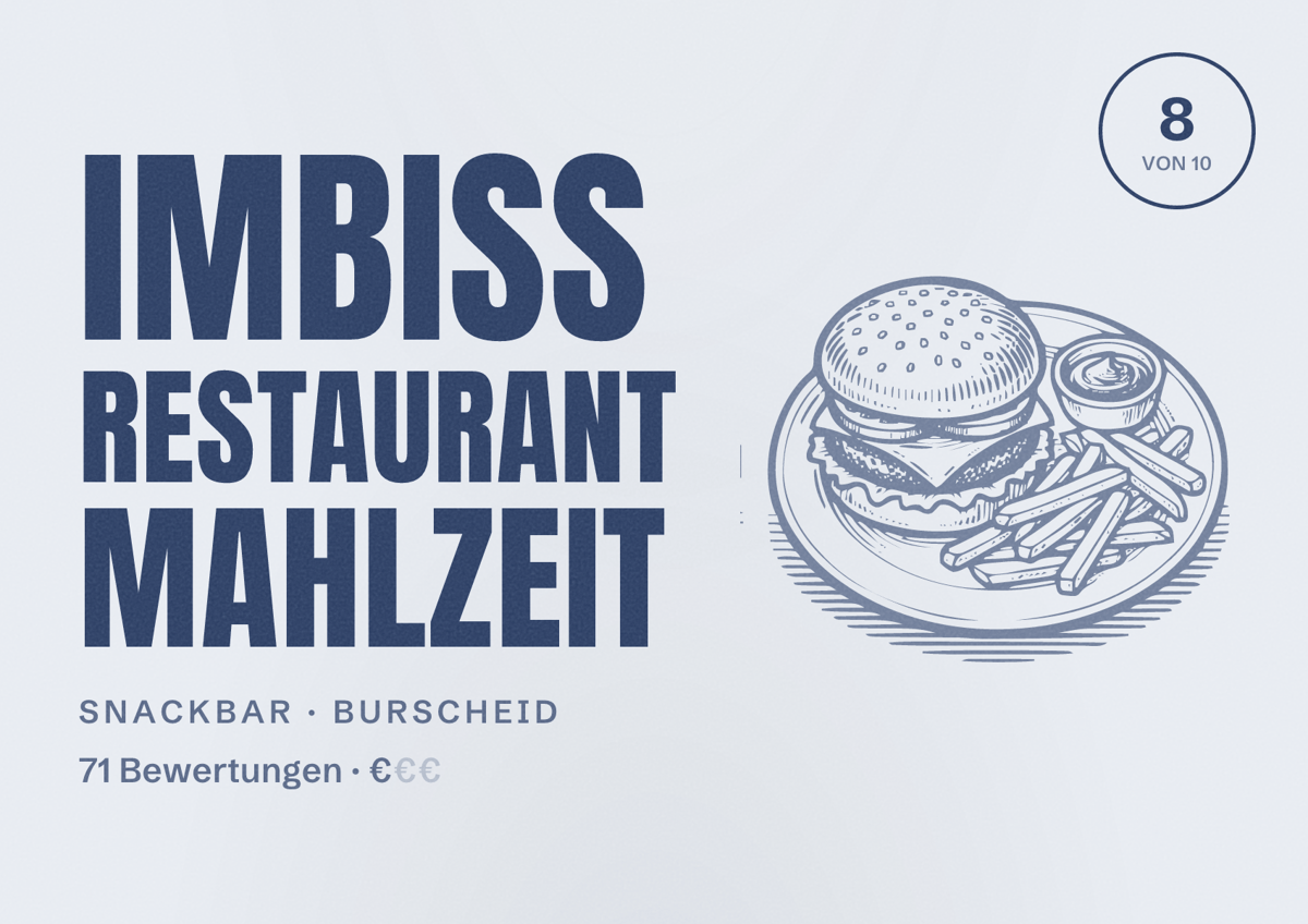 Illustriertes Poster von Imbiss Restaurant Mahlzeit, Snackbar in Burscheid: Bewertung 8 von 10 aus 71 Bewertungen, Preisniveau €