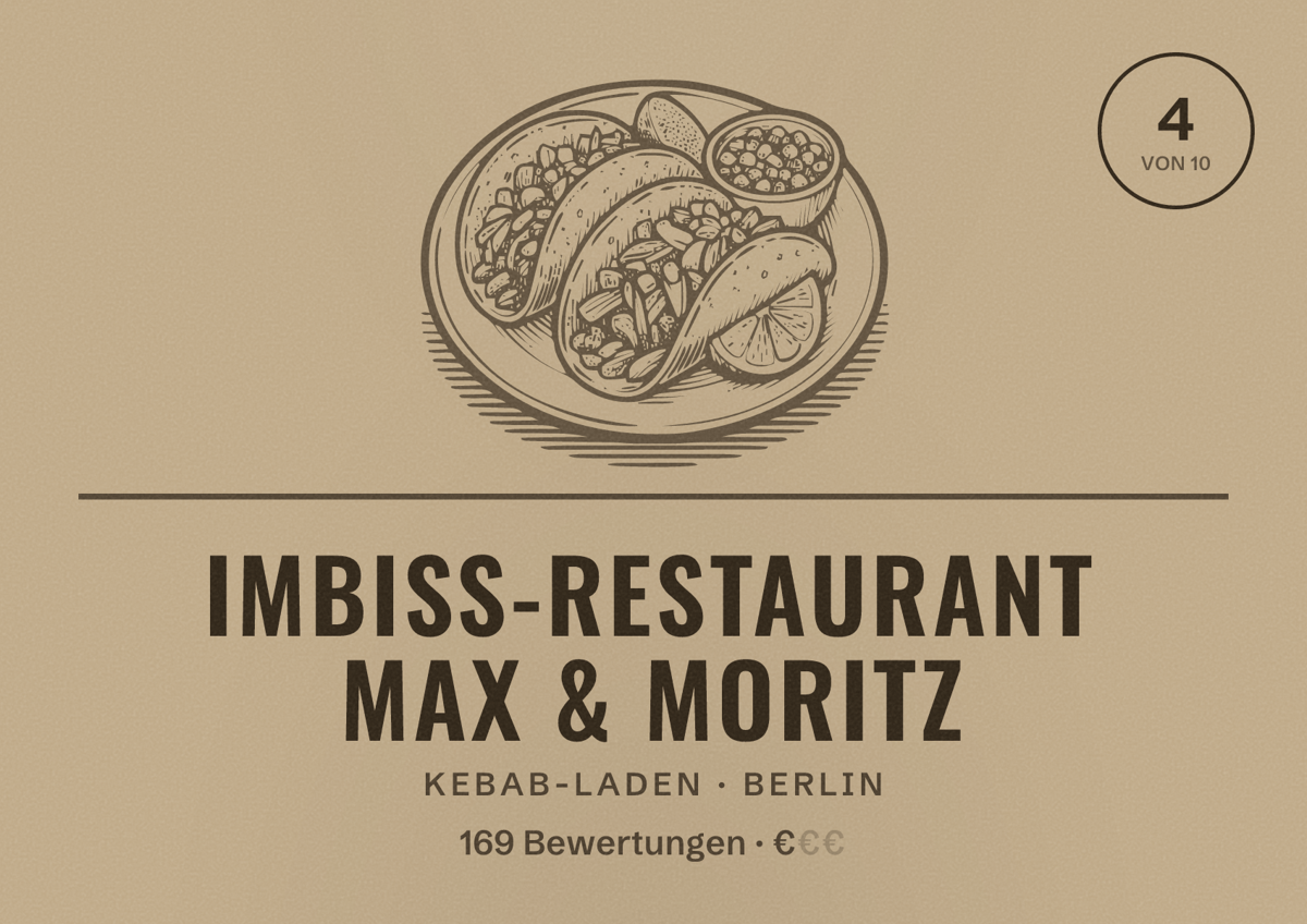 Illustriertes Poster von Imbiss-Restaurant Max & Moritz, Kebab-Laden in Berlin: Bewertung 4,0 von 10 aus 169 Bewertungen, Preisniveau €