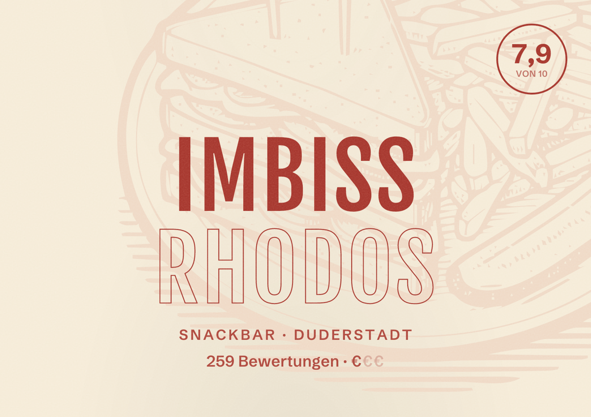 Illustriertes Poster von Imbiss Rhodos, Snackbar in Duderstadt: Bewertung 7,9 von 10 aus 259 Bewertungen, Preisniveau €