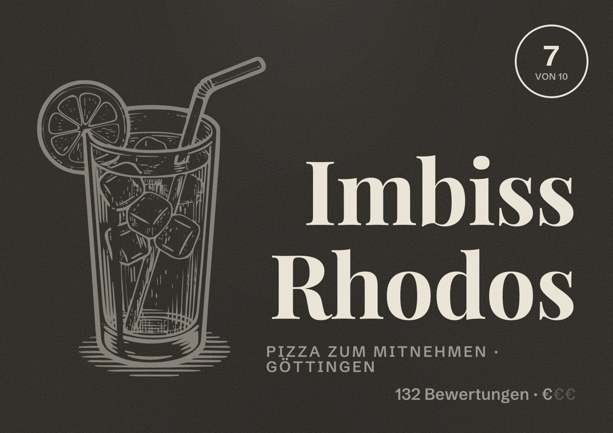 Illustriertes Poster von Imbiss Rhodos, Pizza zum Mitnehmen in Göttingen: Bewertung 7 von 10 aus 132 Bewertungen, Preisniveau €