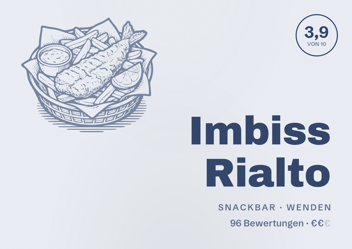 Illustriertes Poster von Imbiss Rialto, Snackbar in Wenden: Bewertung 3,9 von 10 aus 96 Bewertungen, Preisniveau €€