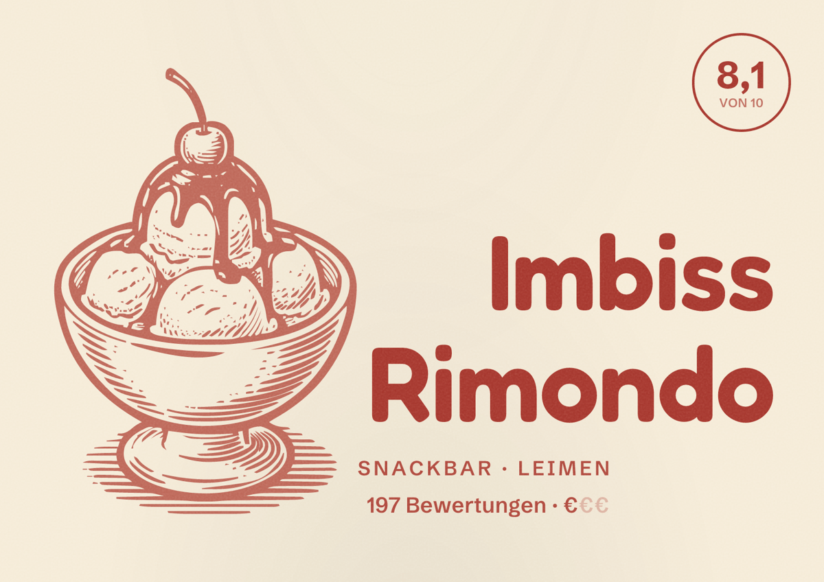 Illustriertes Poster von Imbiss Rimondo, Snackbar in Leimen: Bewertung 8,1 von 10 aus 197 Bewertungen, Preisniveau €