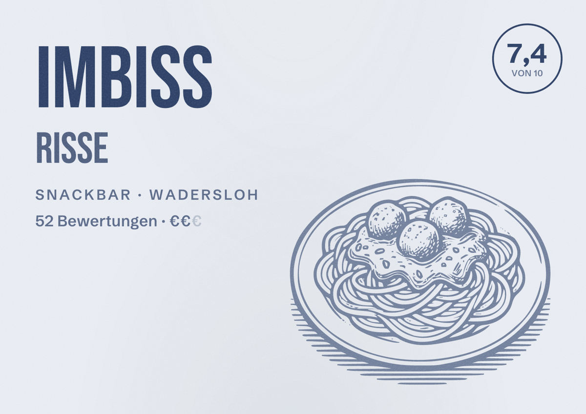 Illustriertes Poster von Imbiss Risse, Snackbar in Wadersloh: Bewertung 7,4 von 10 aus 52 Bewertungen, Preisniveau €€