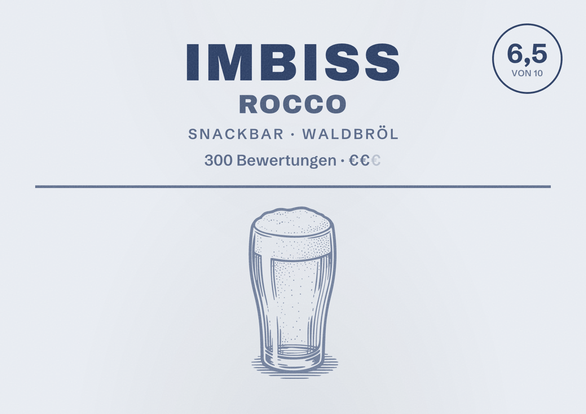 Illustriertes Poster von Imbiss Rocco, Snackbar in Waldbröl: Bewertung 6,5 von 10 aus 300 Bewertungen, Preisniveau €€