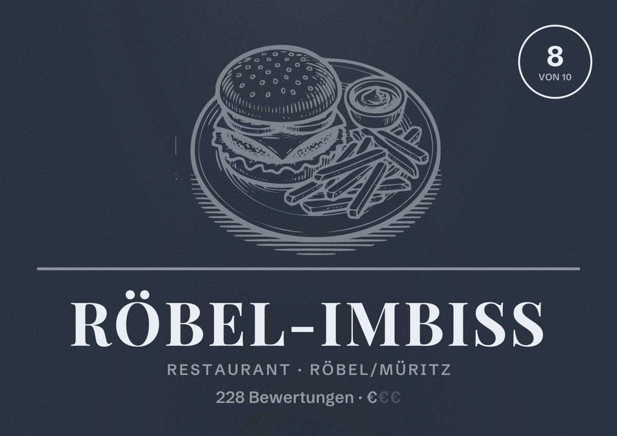 Illustriertes Poster von Röbel-Imbiss, Restaurant in Röbel/Müritz: Bewertung 8 von 10 aus 228 Bewertungen, Preisniveau €