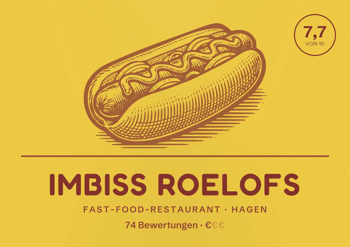 Illustriertes Poster von Imbiss Roelofs, Fast-Food-Restaurant in Hagen: Bewertung 7,7 von 10 aus 74 Bewertungen, Preisniveau €