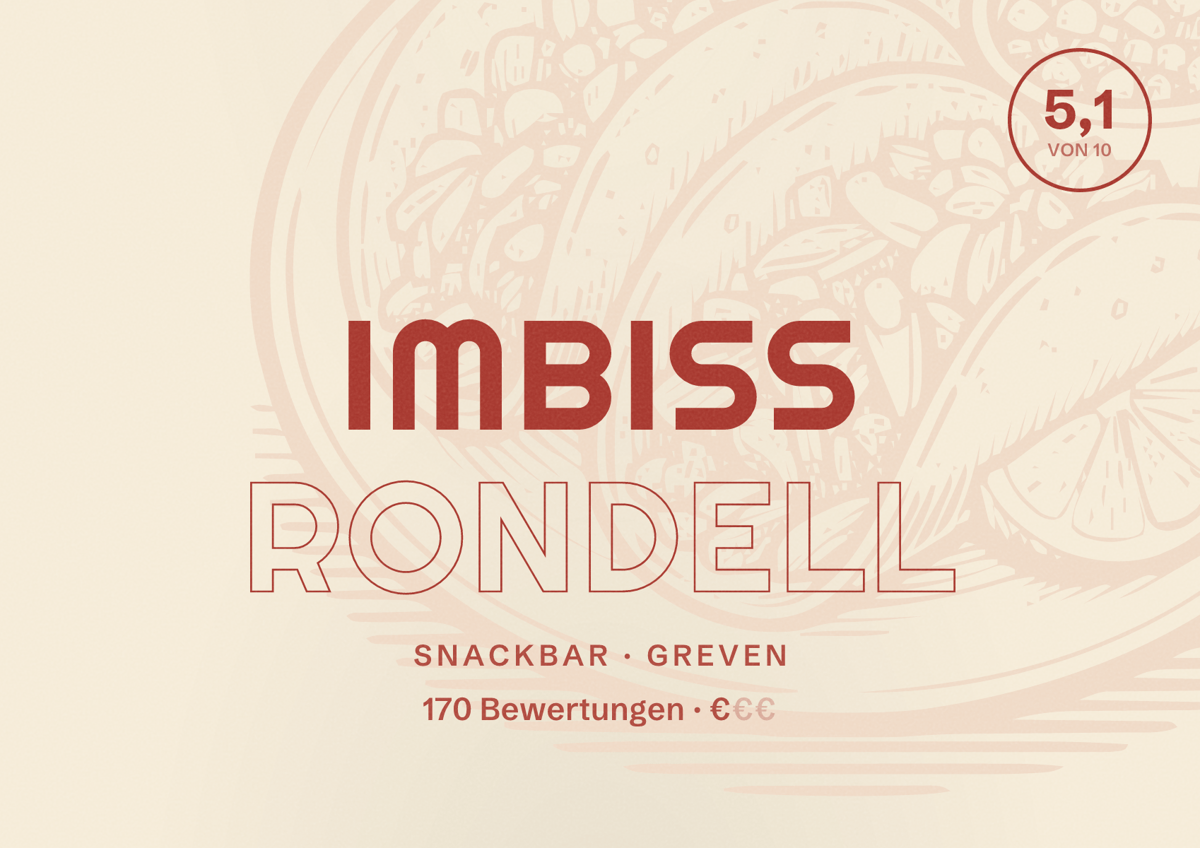 Illustriertes Poster von Imbiss Rondell, Snackbar in Greven: Bewertung 5,1 von 10 aus 170 Bewertungen, Preisniveau €
