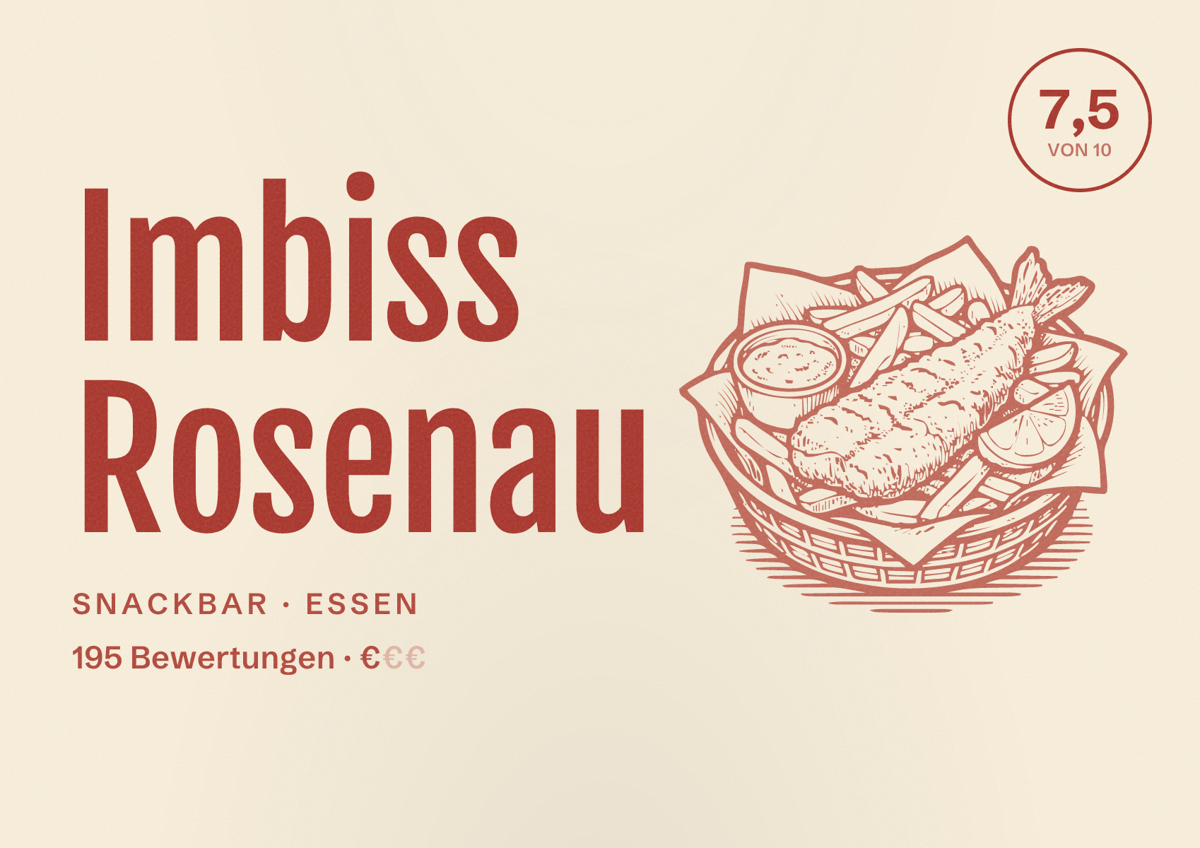 Illustriertes Poster von Imbiss Rosenau, Snackbar in Essen: Bewertung 7,5 von 10 aus 195 Bewertungen, Preisniveau €