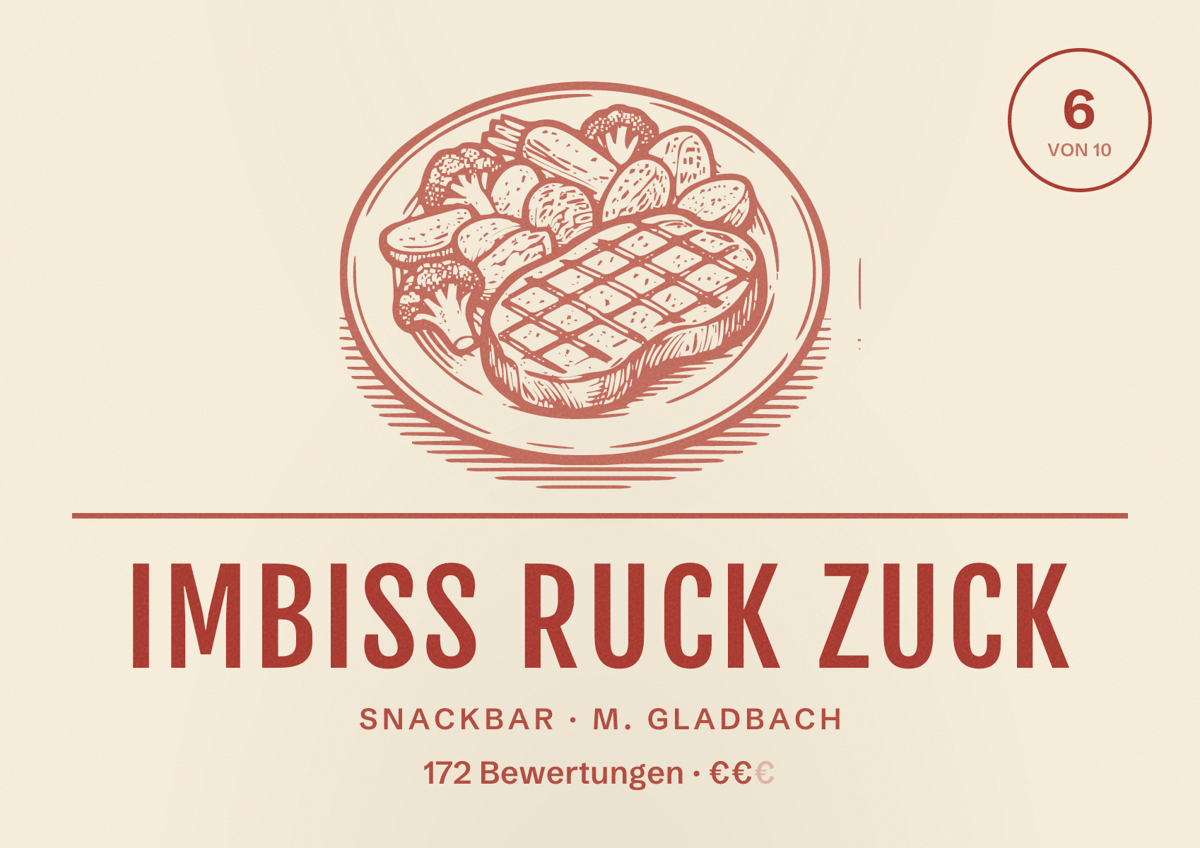 Illustriertes Poster von Imbiss Ruck Zuck, Snackbar in M. Gladbach: Bewertung 6 von 10 aus 172 Bewertungen, Preisniveau €€