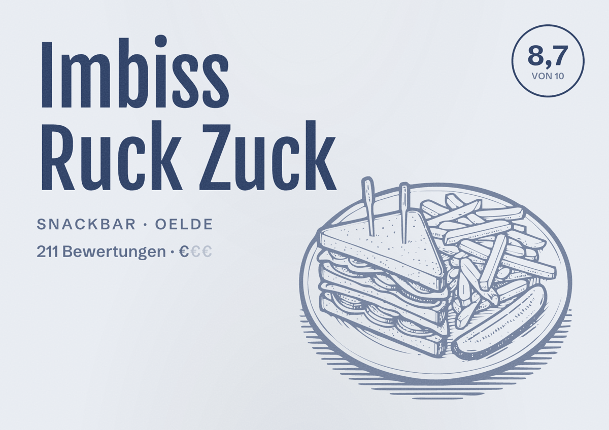 Illustriertes Poster von Imbiss Ruck Zuck, Snackbar in Oelde: Bewertung 8,7 von 10 aus 211 Bewertungen, Preisniveau €